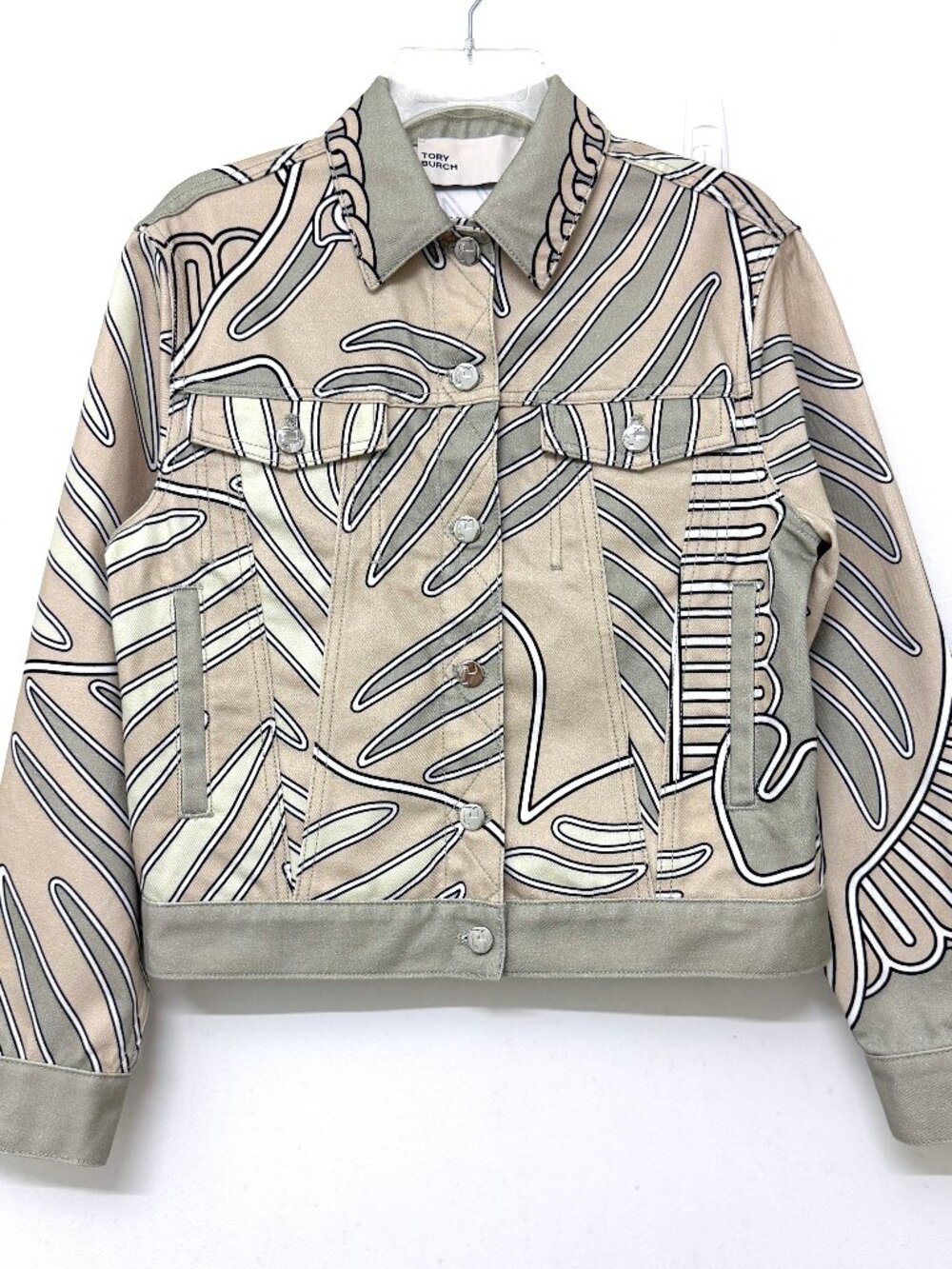 Tory Burch Khaki Zebra Scarf Denim Jacket Beige Green Gray Wavy Stripe Leaf 2